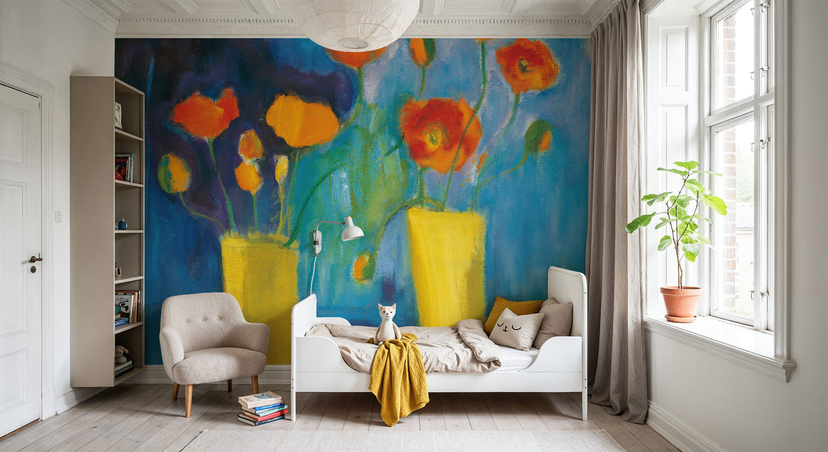 Cadmium Orange Poppies on Blue Mural Wallpaper - room preview 03
