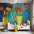 Cadmium Orange Poppies on Blue Mural Wallpaper - room preview 03