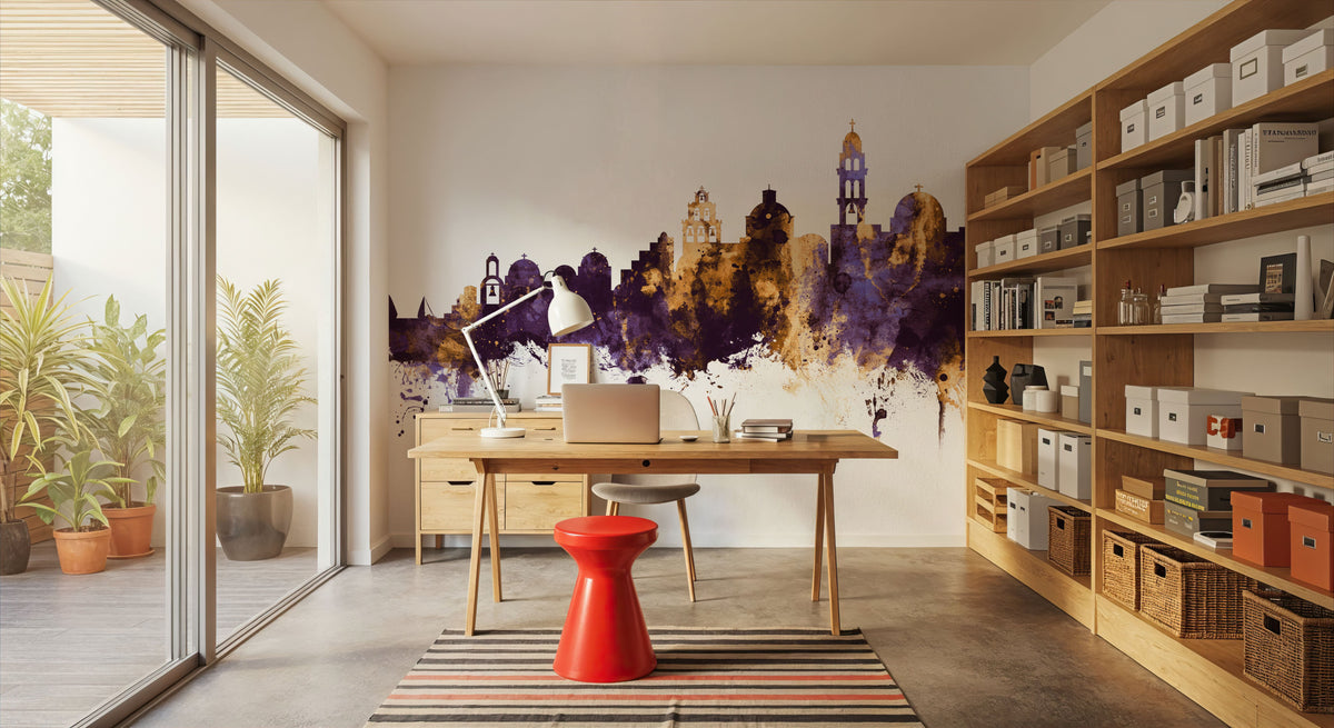 Santorini Skyline Purple & Gold Mural Wallpaper - room preview 03