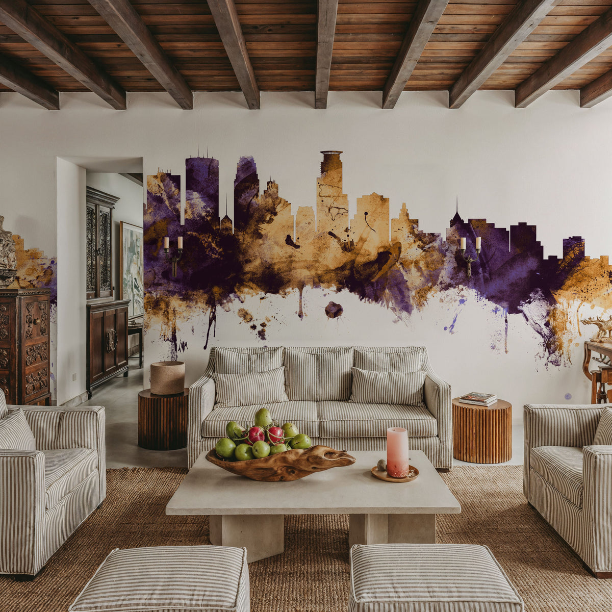 Minneapolis Minnesota Skyline Purple & Gold Mural Wallpaper - room preview 03