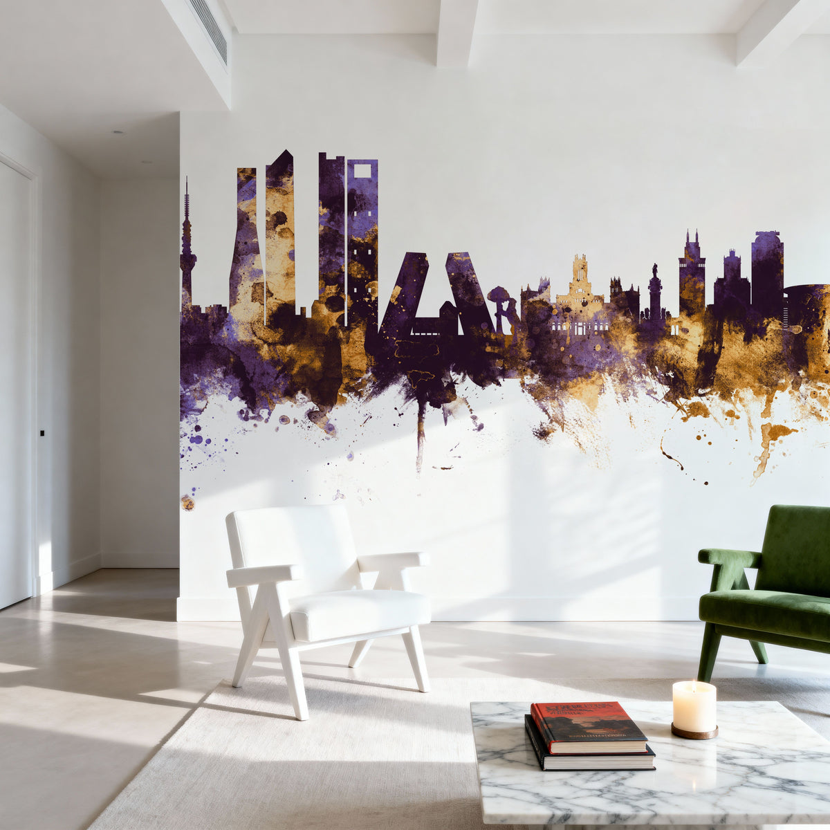Madrid Skyline Purple & Gold Mural Wallpaper - room preview 03