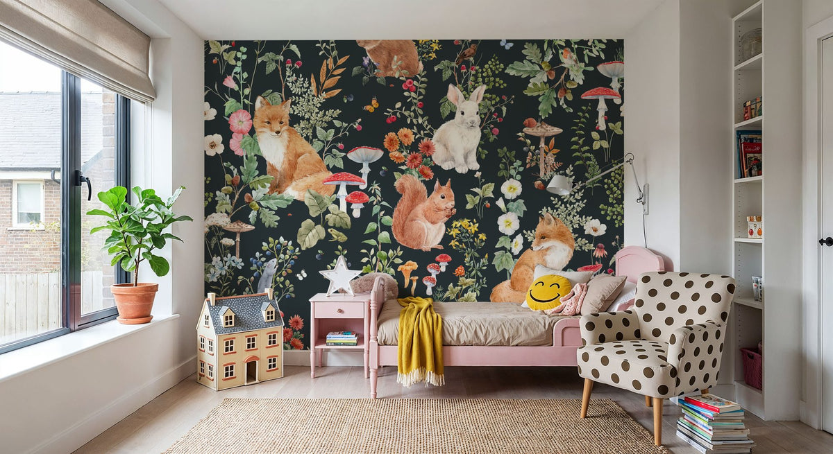 Dwellpaper Baby Animals Nordic Fauna, Dark Blue Mural Wallpaper image 3