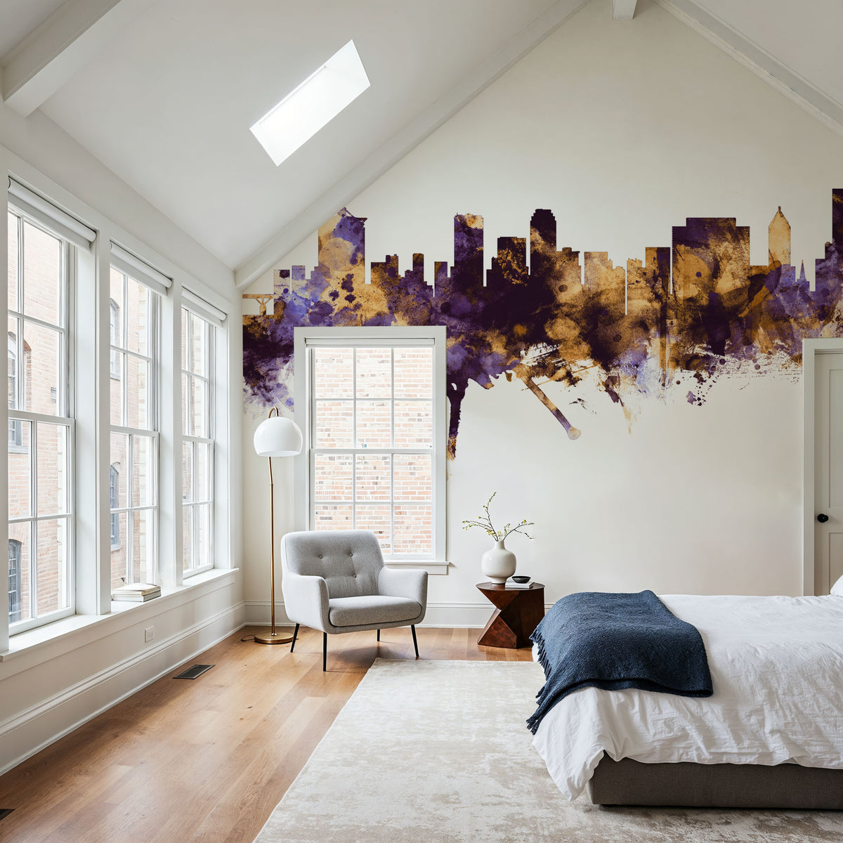 Tulsa Oklahoma Skyline Purple & Gold Mural Wallpaper - room preview 03