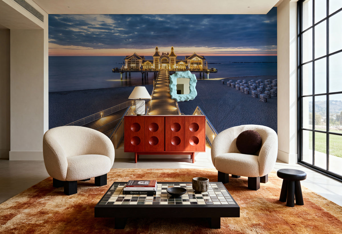 Sellin Pier At Night Panorama Mural Wallpaper - room preview 03