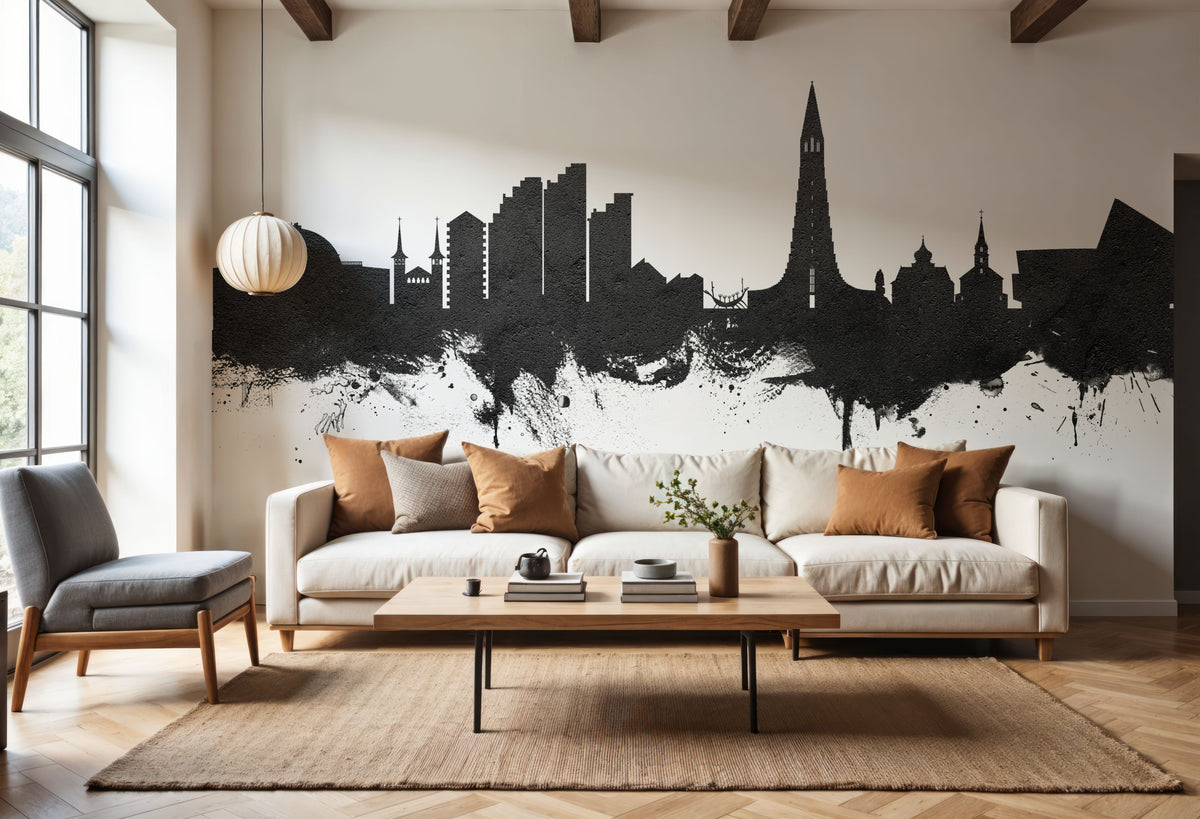 Reykjavík Skyline Black & White Mural Wallpaper - room preview 03