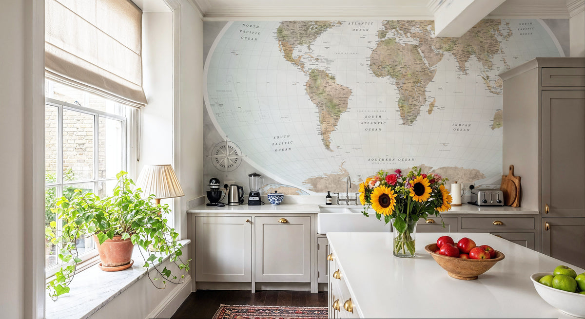 World Map Atlas Brown Mural Wallpaper - room preview 03