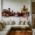 Detroit Michigan Skyline Purple & Gold Mural Wallpaper - room preview 03