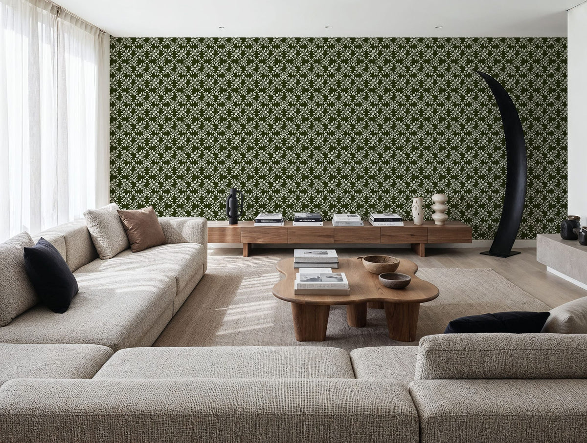 Trellis Leaves, Forest Green Mural Wallpaper - room preview 03