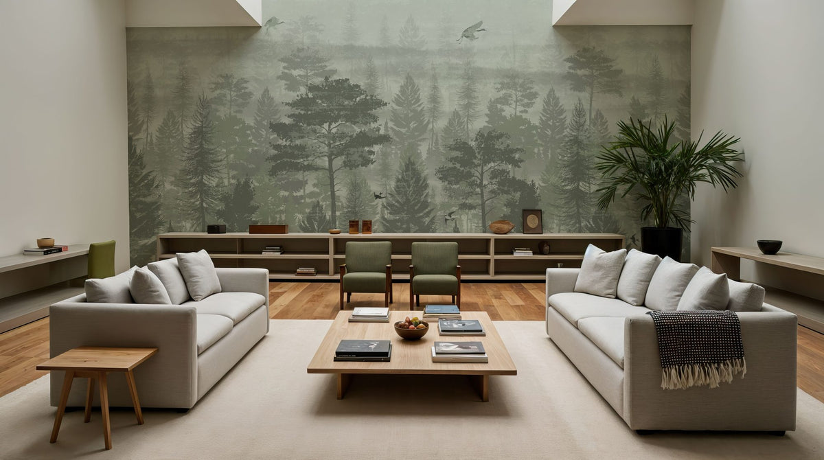 Misty Green Forest Mural Wallpaper - room preview 03