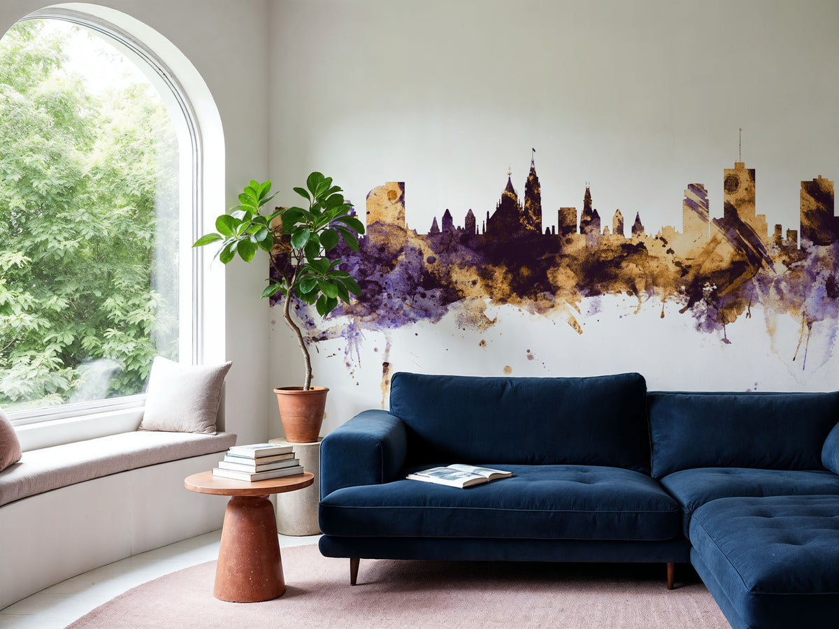 Ottowa Canada Skyline Purple & Gold Mural Wallpaper - room preview 03
