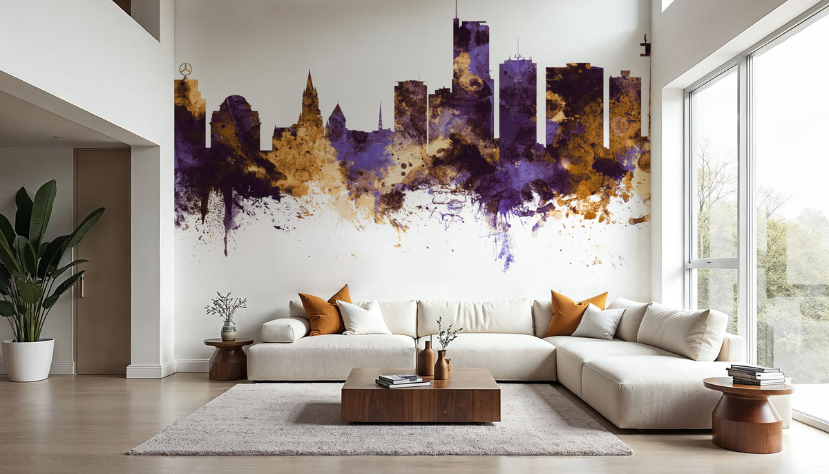 Essen Germany Skyline Purple & Gold Mural Wallpaper - room preview 03