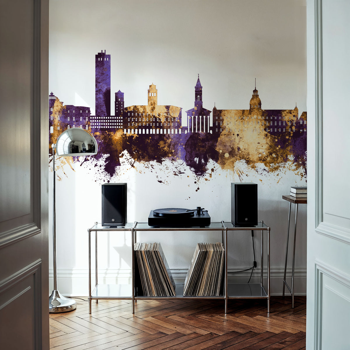 Karlsruhe Germany Skyline Purple & Gold Mural Wallpaper - room preview 03
