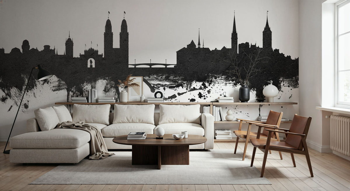 Zurich Switzerland Skyline Black & White Mural Wallpaper - room preview 03