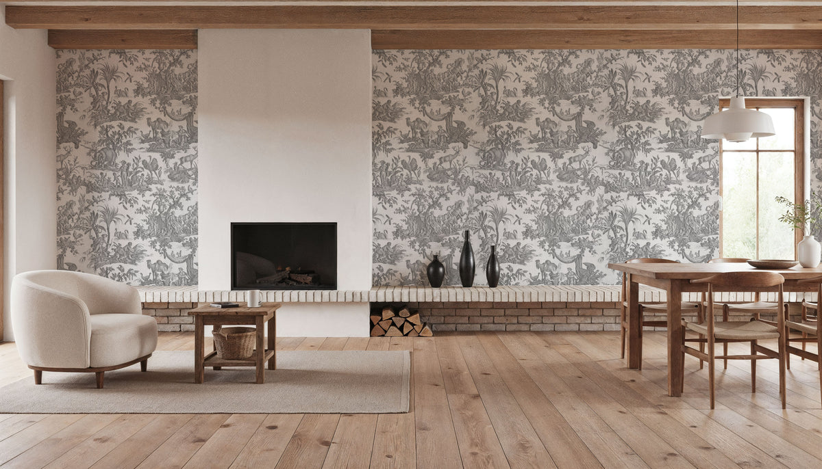 Patinated Linen Toile De Jouy, Stone Mural Wallpaper - room preview 03
