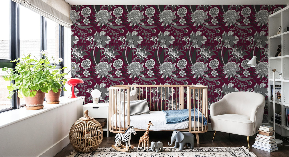 Rococo Chysatemums, Stone on Wine Mural Wallpaper - room preview 03