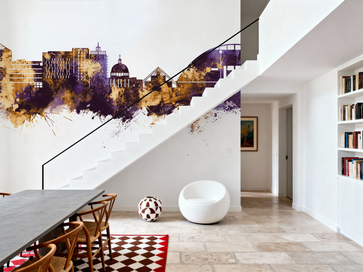 Milton Keynes England Skyline Purple & Gold Mural Wallpaper - room preview 03