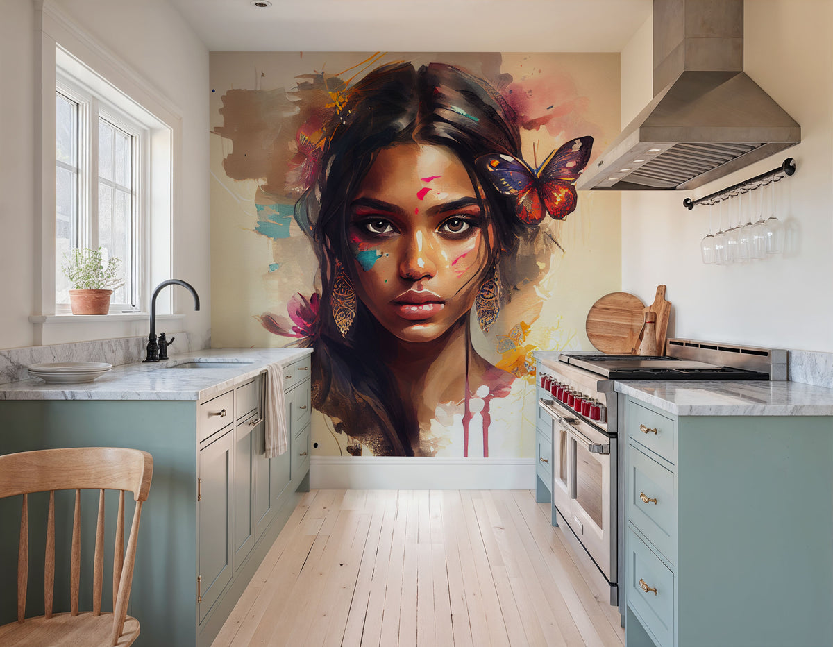 Watercolor Butterfly Woman Mural Wallpaper - room preview 03
