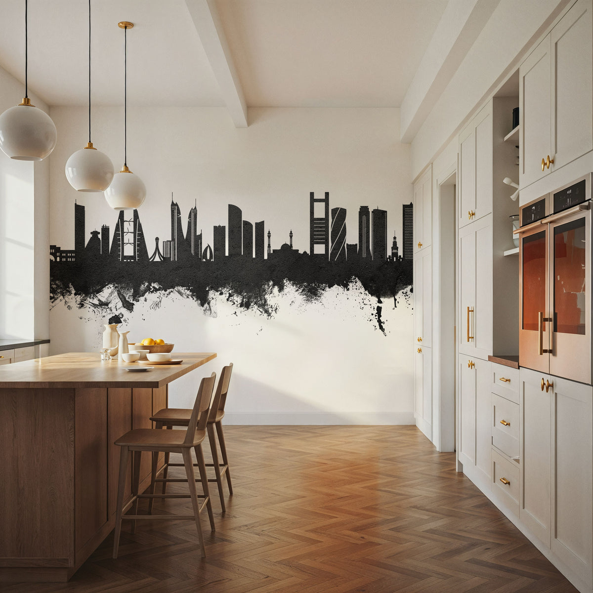 Manama Skyline Black & White Mural Wallpaper - room preview 03