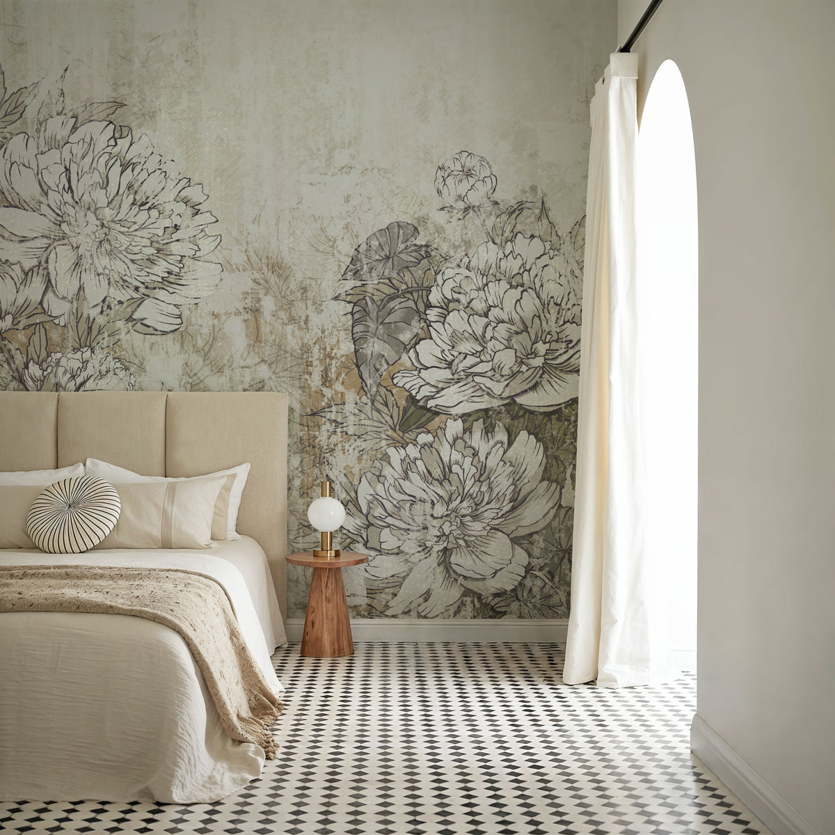 Vintage Peonies Mural Wallpaper - Neutral Tone - room preview 03