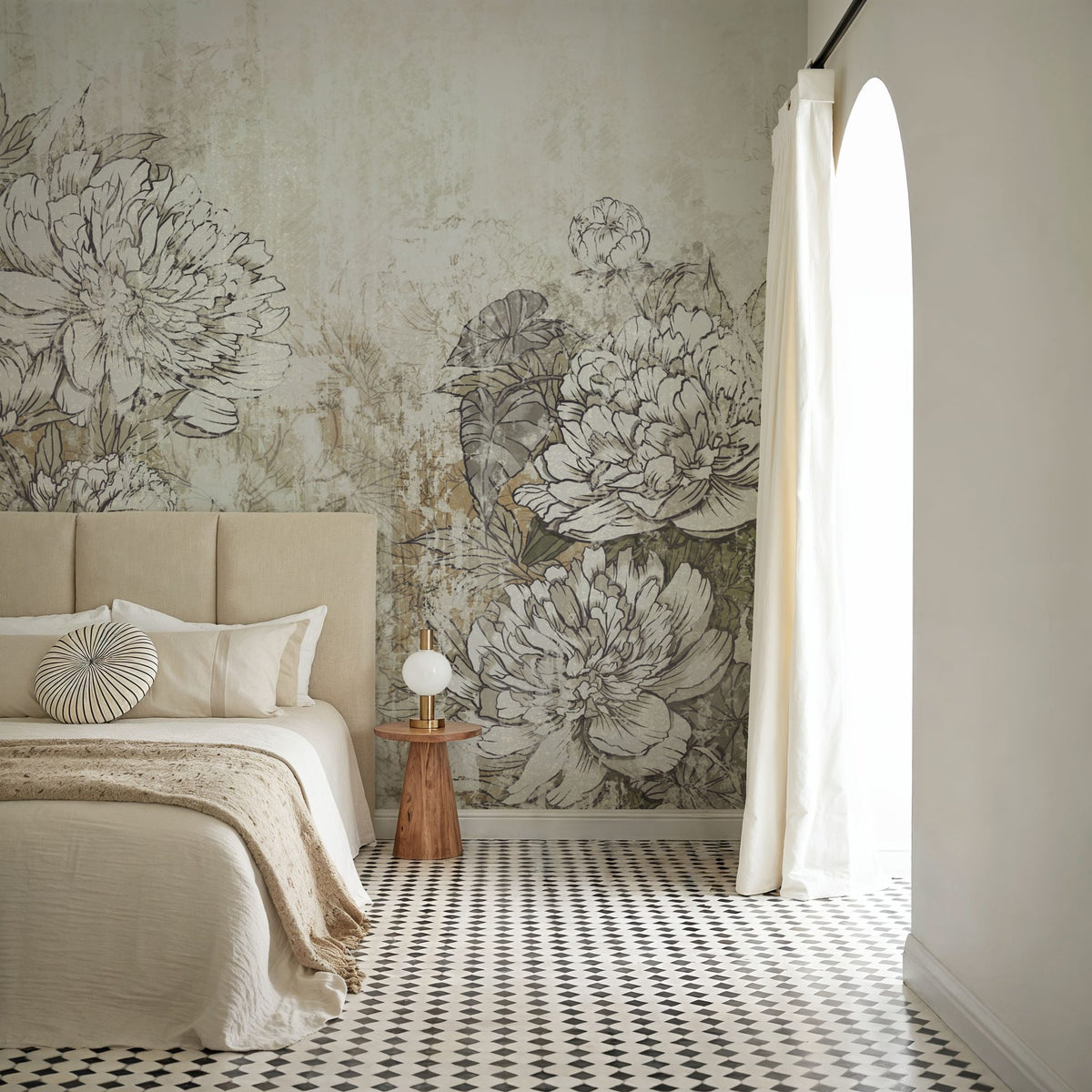 Vintage Wallpaper Mural – Retro Wall Mural – Vintage Peonies - Neutral Tone wall measurement