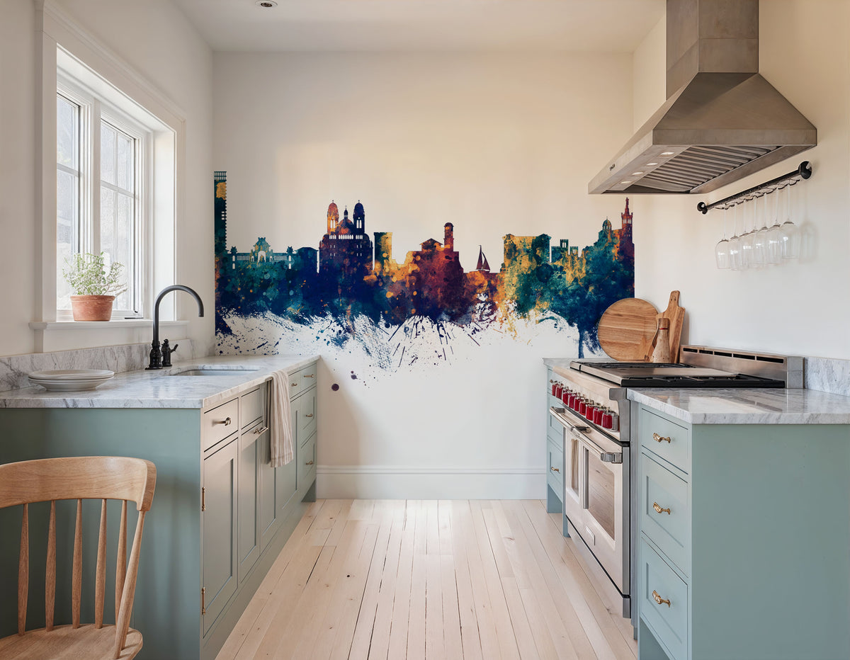 Marseille France Skyline Blue & Bronze Mural Wallpaper - room preview 03