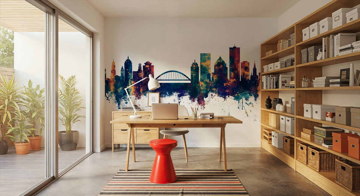 Rochester New York Skyline Blue & Bronze Mural Wallpaper - room preview 03