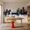 Rochester New York Skyline Blue & Bronze Mural Wallpaper - room preview 03