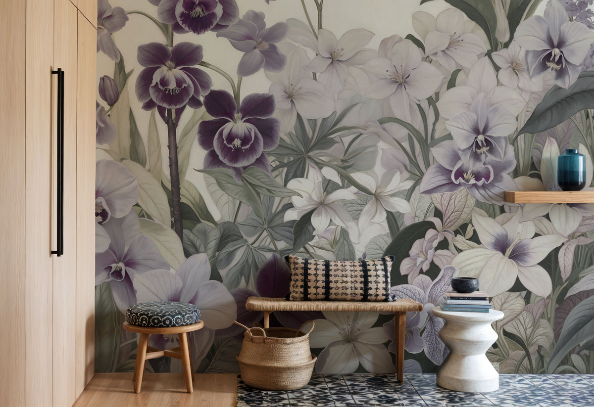 The Tenderness of Orchids, Purple Mural Wallpaper - room preview 03