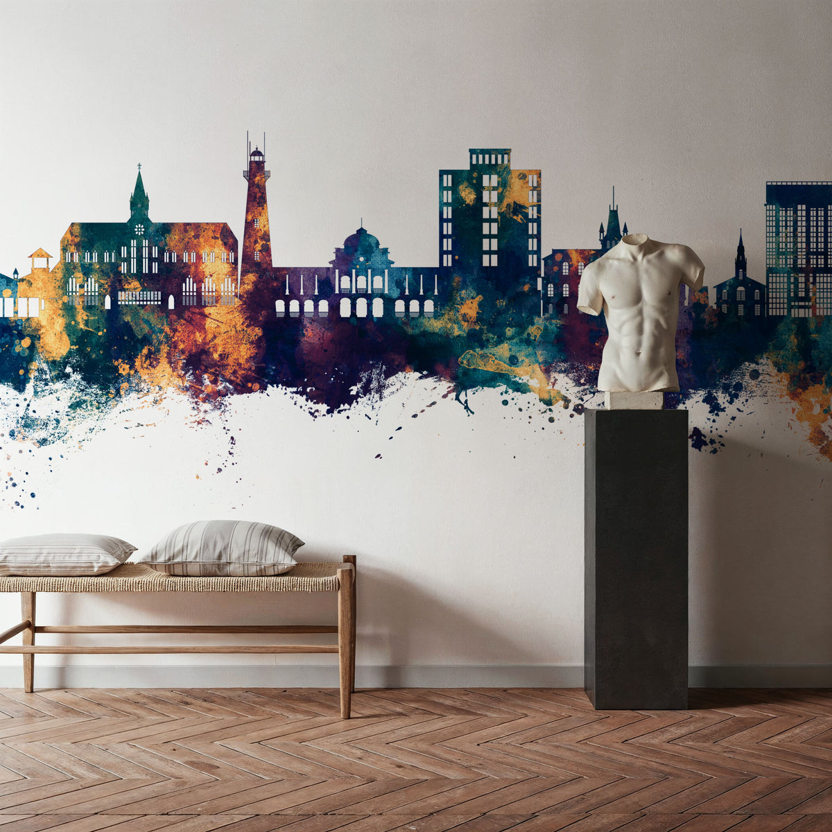 Georgetown Guyana Skyline Blue & Bronze Mural Wallpaper - room preview 03