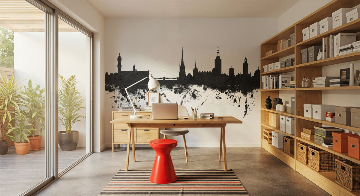 Stockholm Skyline Black & White Mural Wallpaper - room preview 03