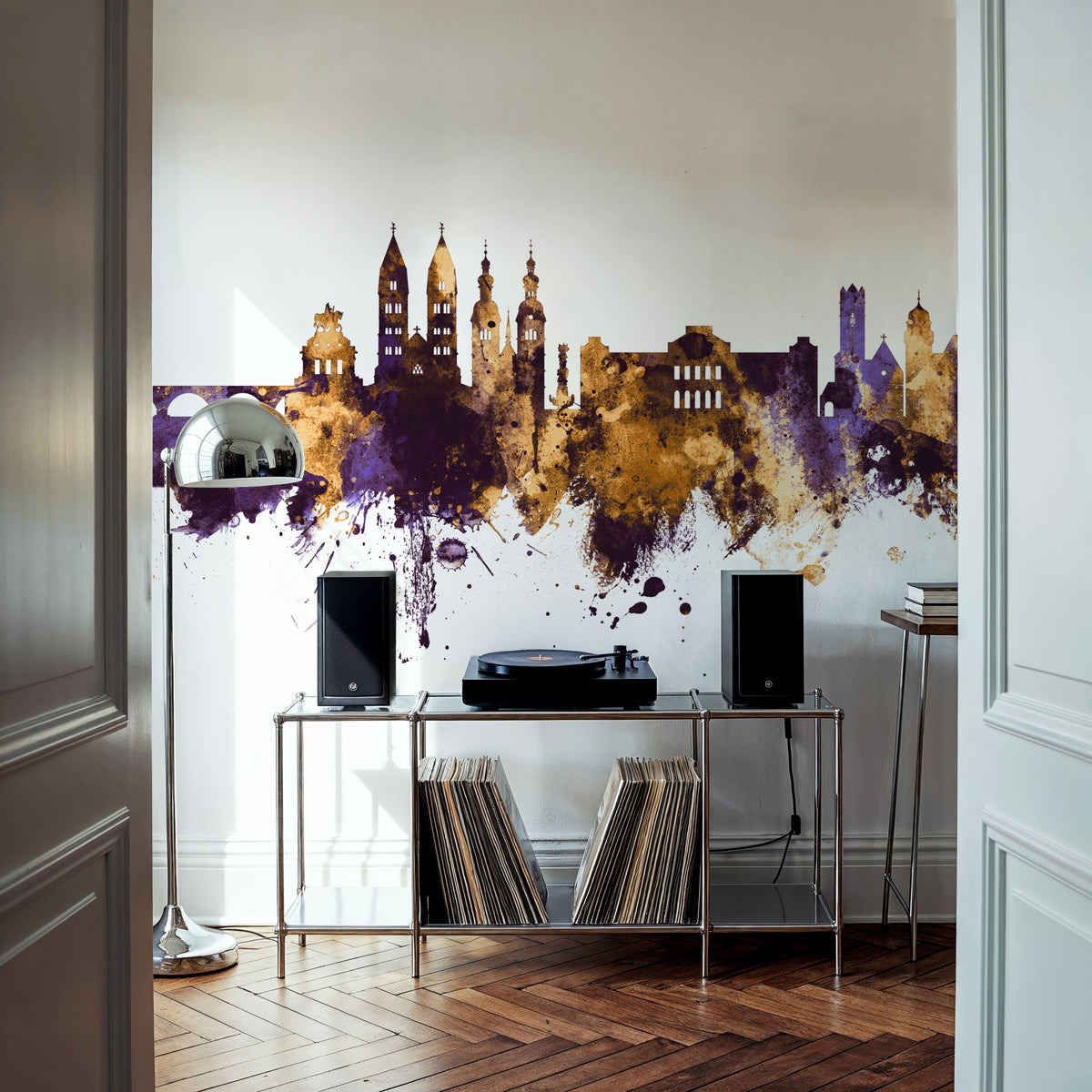 Koblenz Germany Skyline Purpl & Gold Mural Wallpaper - room preview 03