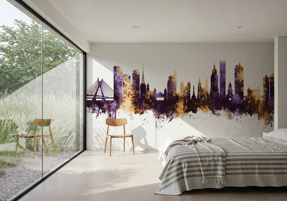 São Paulo Brazil Skyline Purple & Gold Mural Wallpaper - room preview 03
