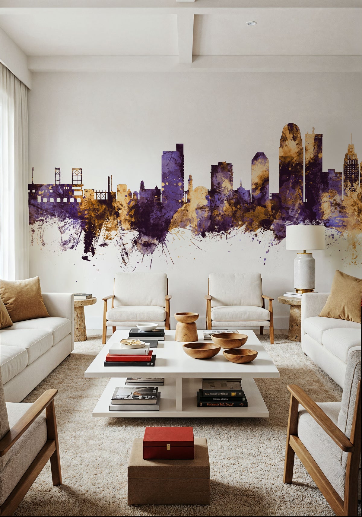 Winston-Salem North Carolina Skyline Purple & Gold Mural Wallpaper - room preview 03