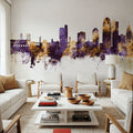 Winston-Salem North Carolina Skyline Purple & Gold Mural Wallpaper - room preview 03