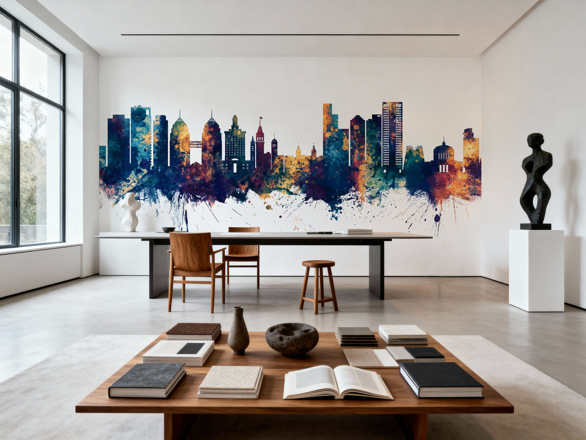 Oakland California Skyline Blue & Bronze Mural Wallpaper - room preview 03