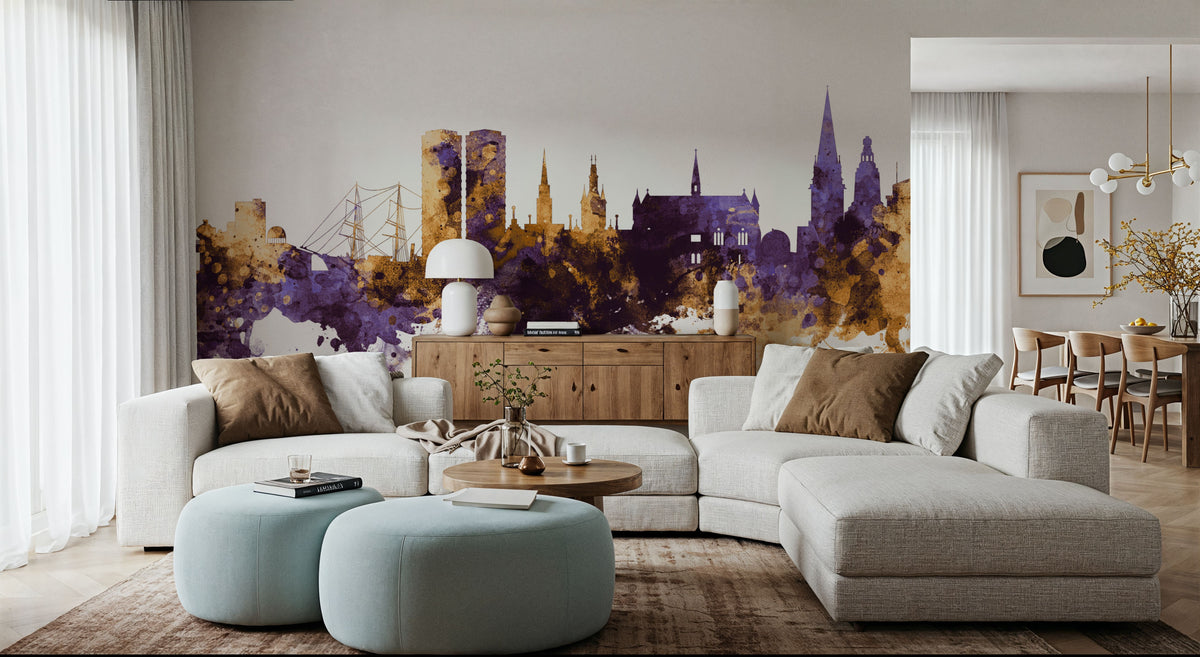 Dundee Scotland Skyline Purple & Gold Mural Wallpaper - room preview 03