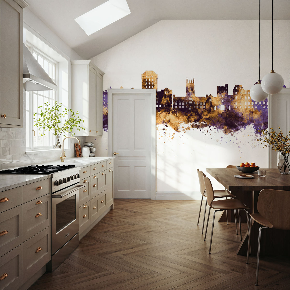 Poughkeepsie New York Skyline Purple & Gold Mural Wallpaper - room preview 03