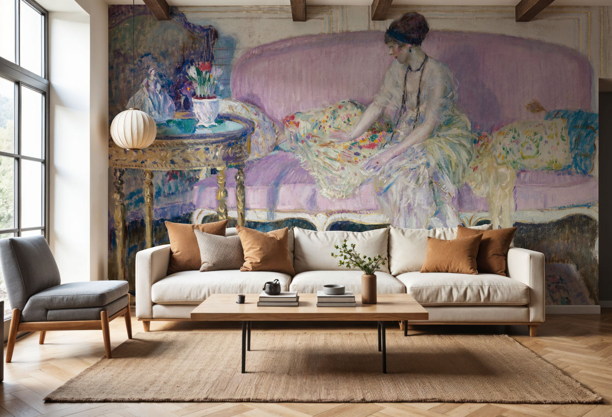 Woman Seated on Interior Sofa Mural Wallpaper - room preview 03