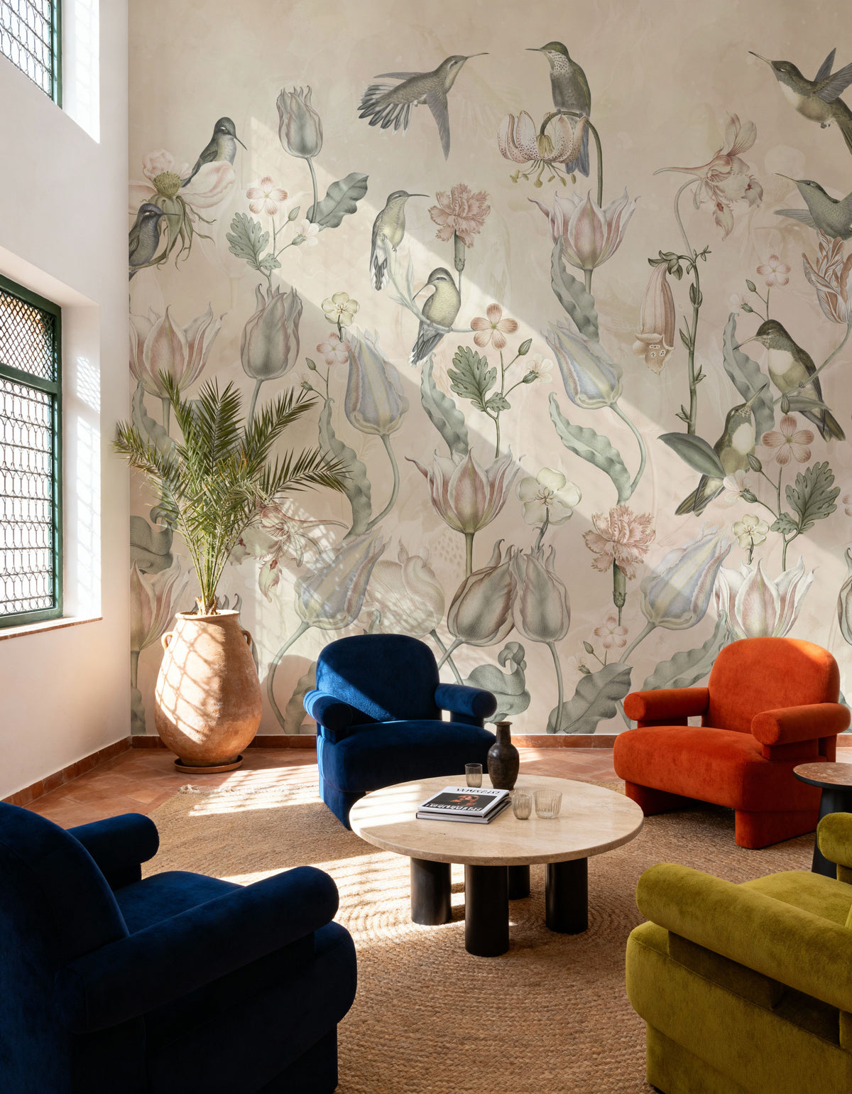 Tulips & Birds, Beige Mural Wallpaper - room preview 03