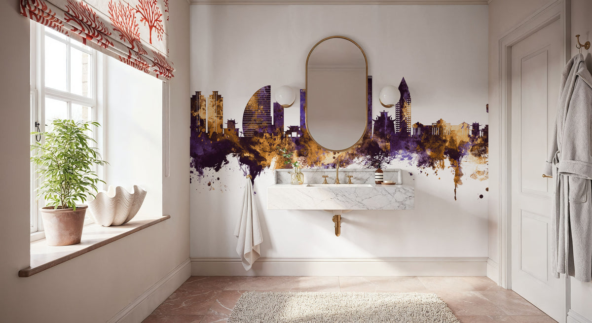 Ulaanbaatar Mongolia Skyline Purple & Gold Mural Wallpaper - room preview 03