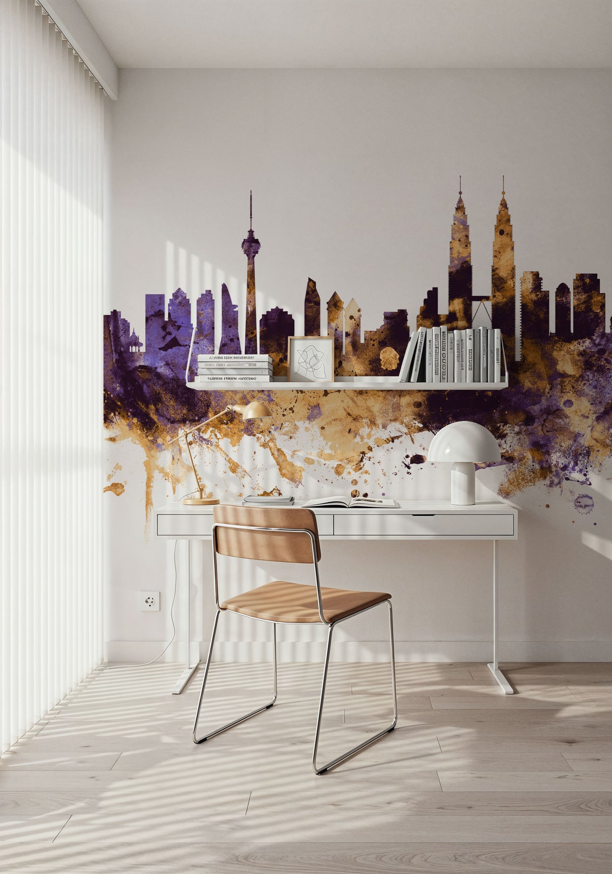 Kuala Lumpur Skyline Purple & Gold Mural Wallpaper - room preview 03