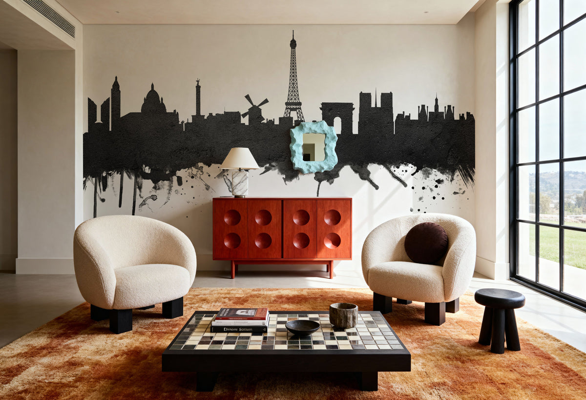 Paris Skyline Black & White Mural Wallpaper - room preview 03