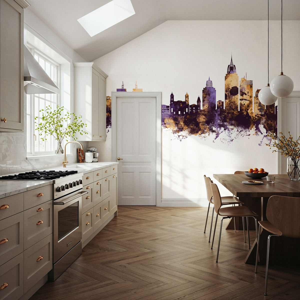 Mobile Alabama Skyline Purple & Gold Mural Wallpaper - room preview 03