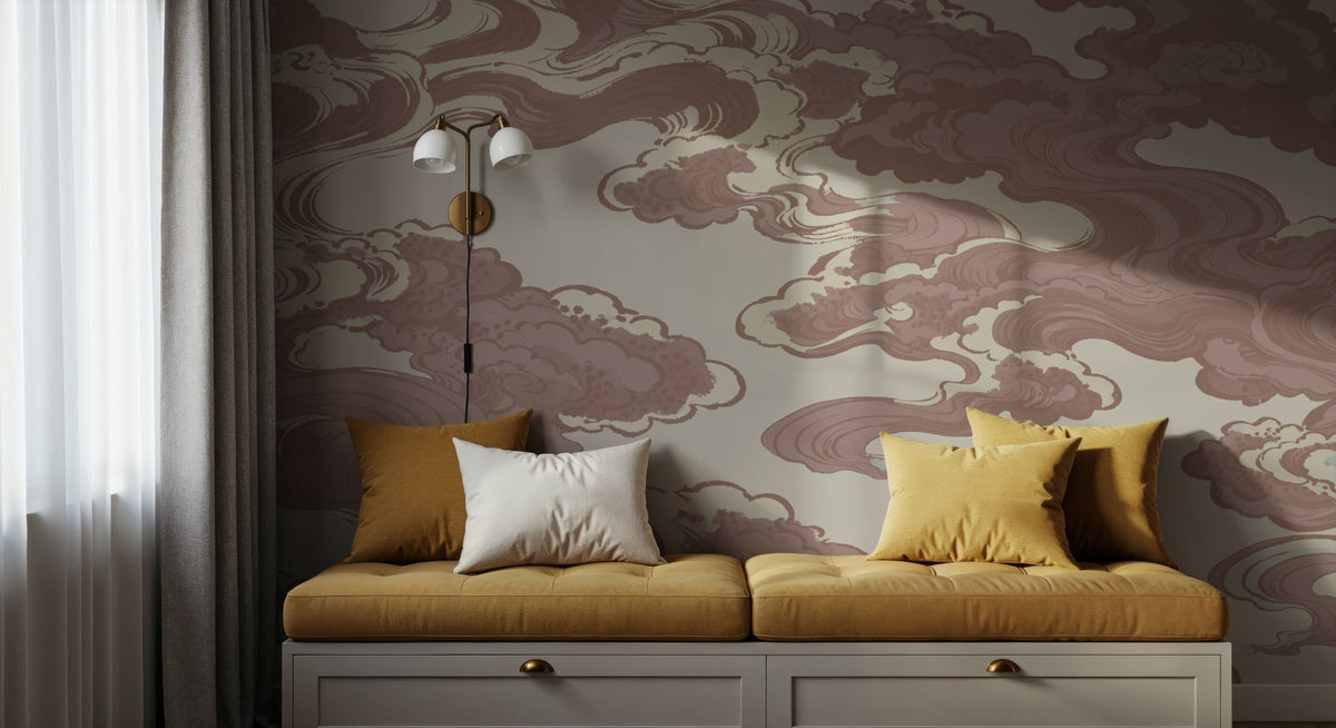 Ukiyo-e Clouds, Dusty Rose Mural Wallpaper - room preview 03