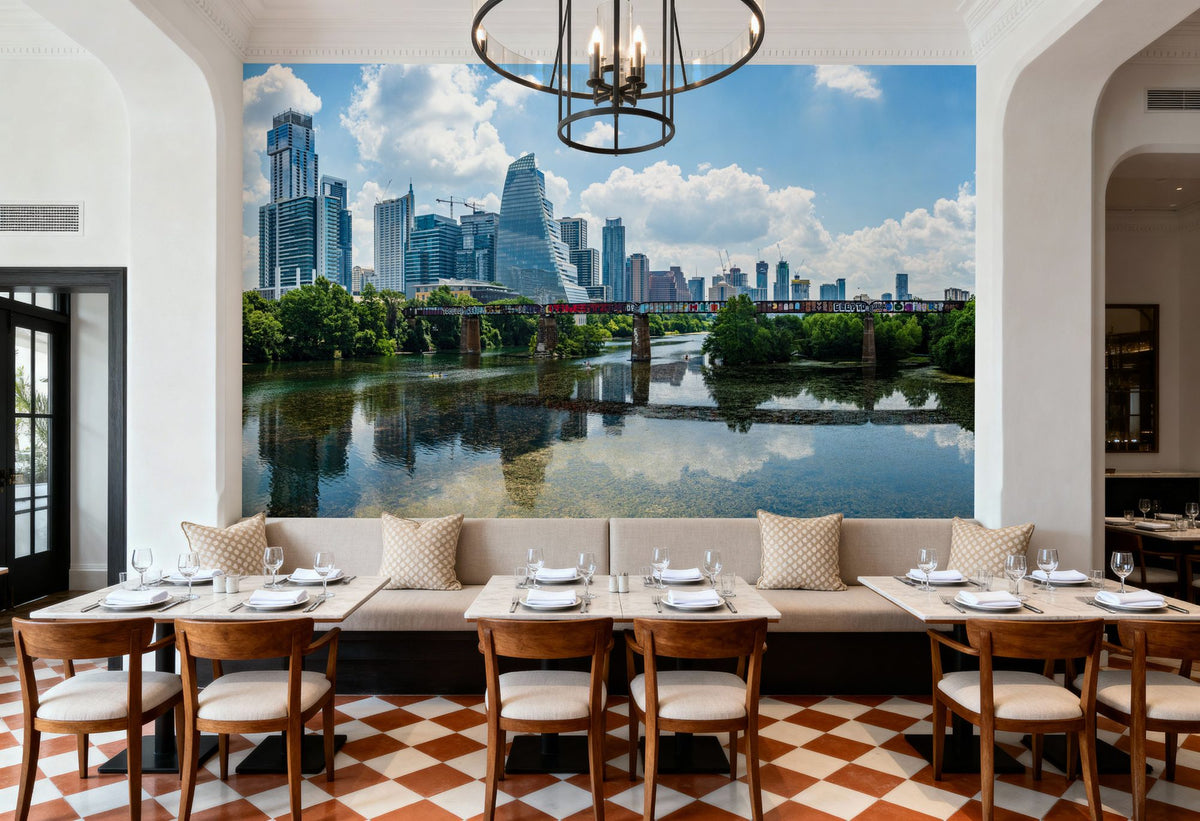 Urban Skyscrapers Blue Sky Reflection Mural Wallpaper - room preview 03