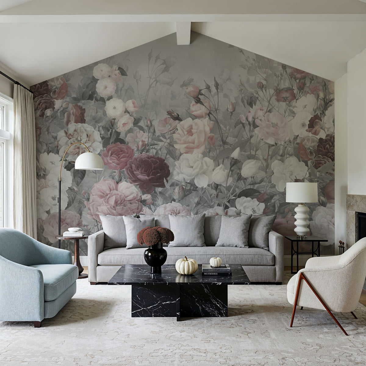 Rose Garden Gray Mural Wallpaper - room preview 03