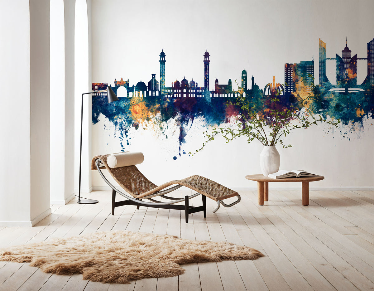 Faislabad Pakistan Skyline Blue & Bronze Mural Wallpaper - room preview 03