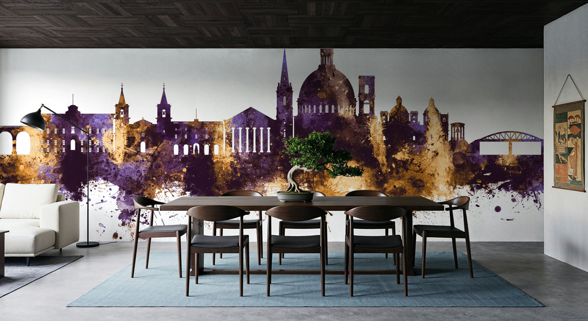 Valletta Malta Skyline Purple & Gold Mural Wallpaper - room preview 03