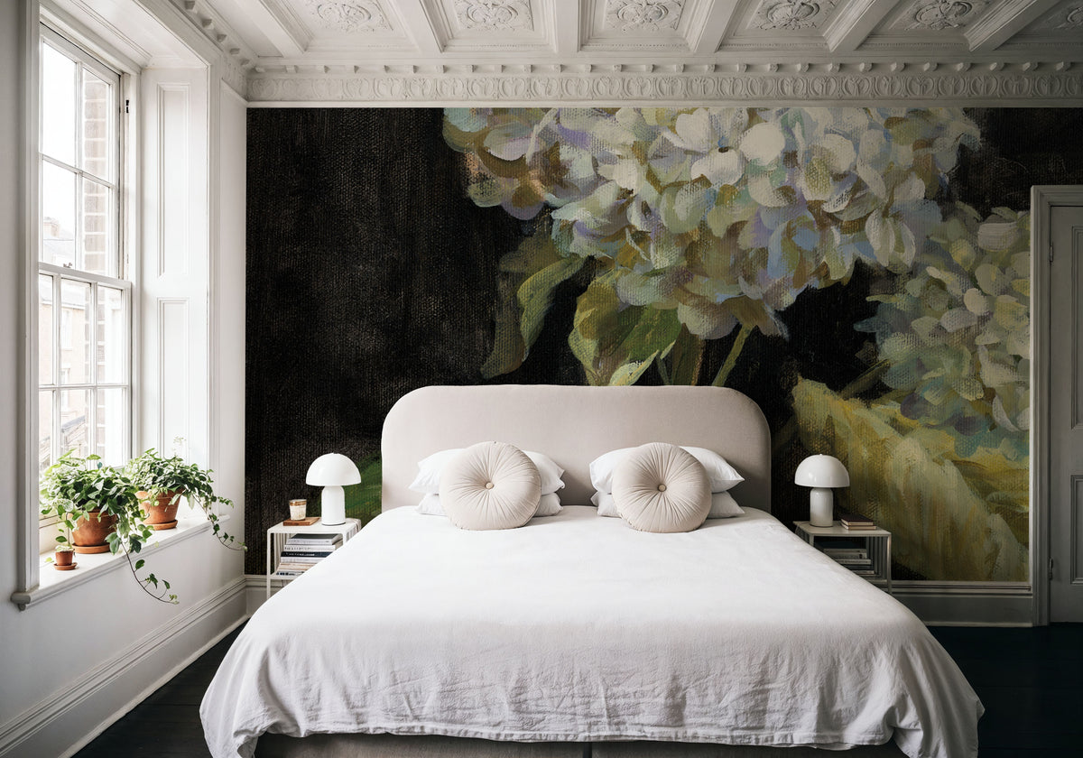Hydrangea on Black Mural Wallpaper - room preview 03