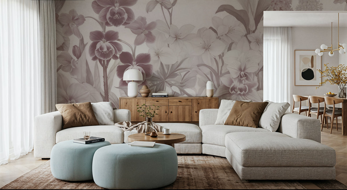 The Tenderness of Orchids, Rosy Salmon Mural Wallpaper - room preview 03
